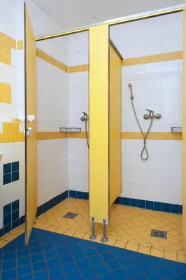 a bathroom with a shower and a stall at Roosevelt Hostel in Prague