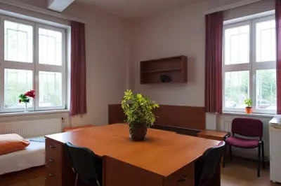 a room with a table with a potted plant on it at Roosevelt Hostel in Prague