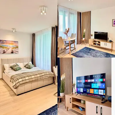 two pictures of a bedroom and a living room at Stylish Modern Studio, Large Balcony, Prague 3 in Prague