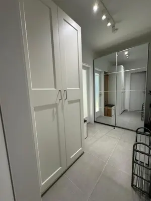 a room with a white door and a walk in shower at Stylish Modern Studio, Large Balcony, Prague 3 in Prague