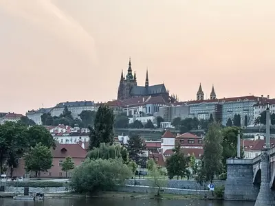 a view of a city with a bridge and a castle at Apartment Golden Stage Nook by Interhome in Prague