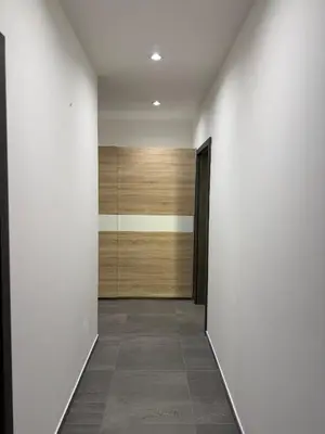 a hallway with white walls and wooden doors at Byt apartman 72m2 private garden PARKING FREE in Prague