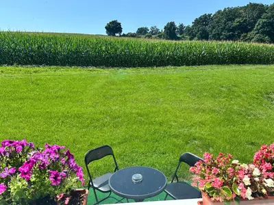 a table and chairs in a field with flowers at Dolpo 55 in Benešov