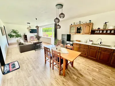 a kitchen and living room with a table and chairs at Dolpo 55 in Benešov