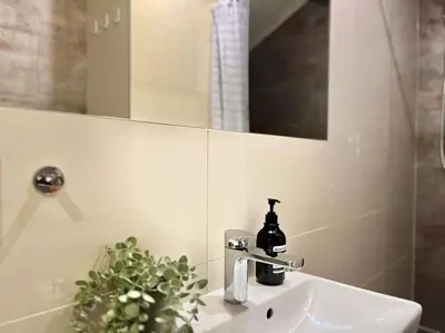 a bathroom sink with a bottle of soap on it at Pine - Prague Apartment in Prague