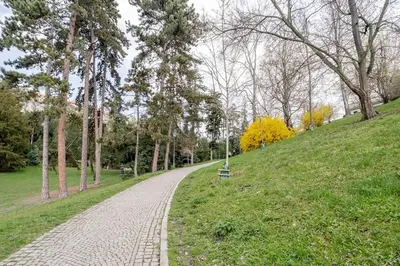 a cobblestone path in a park with trees at Blueground Vršovice private terrace equipped PRG-4 in Prague