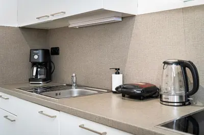 a kitchen counter with a sink and a coffee maker at Tiger Deluxe Suite in Prague