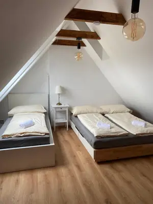 two beds in a room with a attic at Mezidomí in Budyně nad Ohří