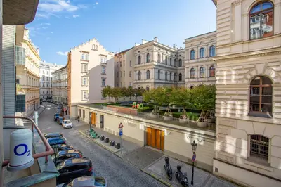 a view of a street in a city with buildings at Academia in Prague