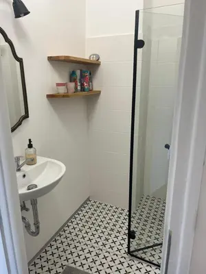 a bathroom with a shower and a sink at Stylový a slunný byt s uměleckým nádechem v blízkosti centra in Prague