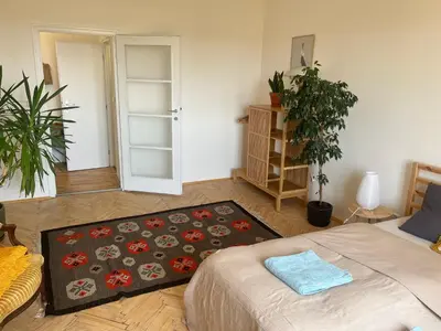 a bedroom with a bed and a rug at Stylový a slunný byt s uměleckým nádechem v blízkosti centra in Prague