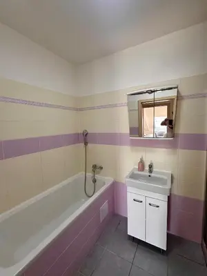 a bathroom with a bath tub and a sink at Penzion Piller in Chvalín