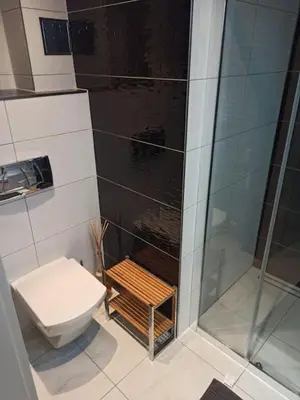 a bathroom with a toilet and a shower and a bench at Unique apartment near Charles Bridge in Prague