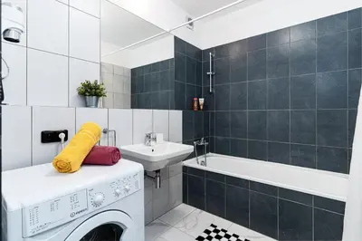 a bathroom with a washing machine and a sink at Penthouse Tiger Deluxe in Prague