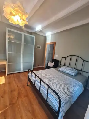 a bedroom with a bed and a living room at Guest Rooms in Private Home by Airport, Shared Bath, Non-Smoking, Contactless Check-in, No Staff, Quiet Stay, Short Stay in Kněžívka