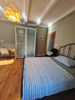 a bedroom with a bed with a blue and white striped blanket at Guest Rooms in Private Home by Airport, Shared Bath, Non-Smoking, Contactless Check-in, No Staff, Quiet Stay, Short Stay in Kněžívka