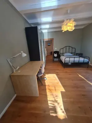 a bedroom with a bed and a living room at Guest Rooms in Private Home by Airport, Shared Bath, Non-Smoking, Contactless Check-in, No Staff, Quiet Stay, Short Stay in Kněžívka