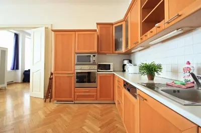 a kitchen with wooden cabinets and stainless steel appliances at Quadrio Bedroom Central Apartment in Prague