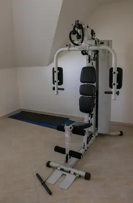 a gym with a black and white chair in a room at Holiday Home Prague Pruhonice in Pruhonice