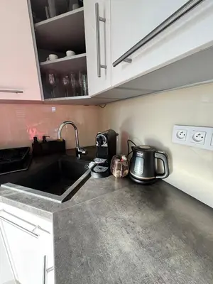 a kitchen counter top with a coffee pot and utensils at Terrace Apartman Víšek in Prague