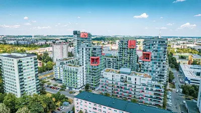 an aerial view of a city with tall buildings at Terrace Apartman Víšek in Prague