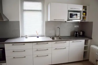 a kitchen with white cabinets and a sink and a microwave at Classical House in Prague 6 in Prague