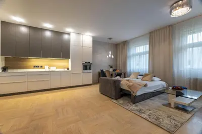 a living room with a bed and a kitchen at Chic & Central New Town Apartment by Subway in Prague