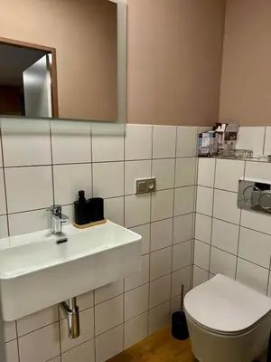 a bathroom with a sink and a toilet at Tenis Cibulka Suites in Prague