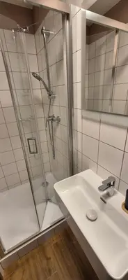 a bathroom with a shower and a sink at Tenis Cibulka Suites in Prague
