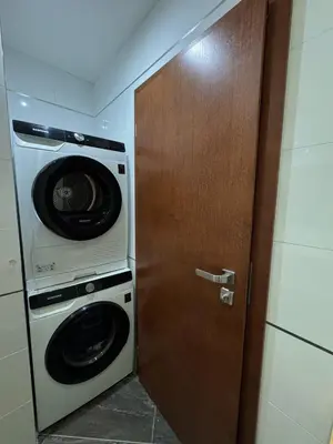 a washer and dryer in a kitchen with a wooden door at Apartmán Palma - 15 min od centra Prahy in Prague