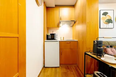 a small kitchen with a refrigerator and a microwave at The Wenceslas Loft in Prague