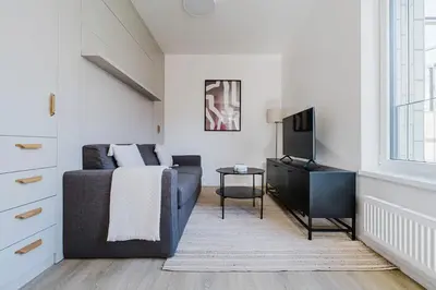 a living room with a bed and a television at Blueground Prague 7 furnished close to offices PRG-22 in Prague