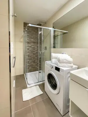 a washing machine in a bathroom with a shower at Rašínovo nábřeží - Riverside Residence in Prague