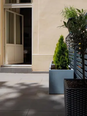 two potted plants sitting in front of a door at Rašínovo nábřeží - Riverside Residence in Prague