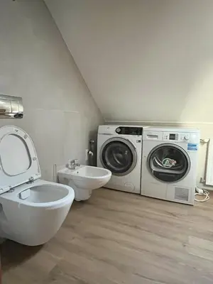 a bathroom with a toilet and a washing machine at Apartmán MUV in Mělník