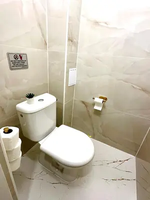 a bathroom with a white toilet in a room at Little Downtown Apartment in Prague