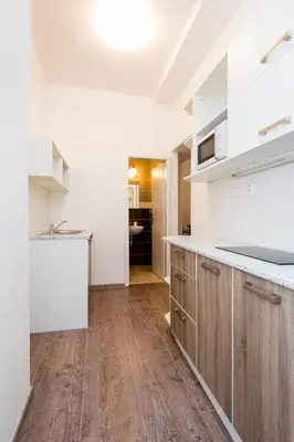 a kitchen with white walls and wooden cabinets and a wooden floor at Affordable Stay Navratilova in Prague