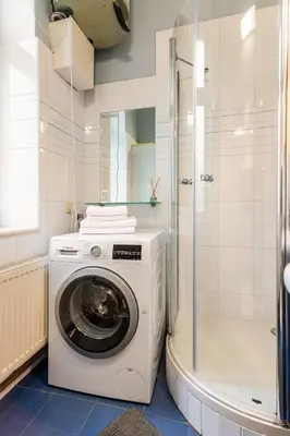 a washing machine in a bathroom with a shower at Place of Grace - 3 minutes from the Museum and Old Town in Prague