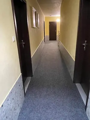 a shower in a bathroom with brown and white stripes at Hotel Jahodnice in Prague