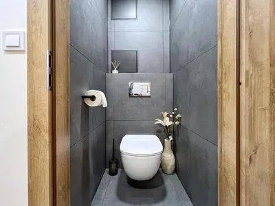 a bathroom with a white toilet in a room at Jana's WOW apt, 3 room, free parking, 15'Airpt, 25'City in Prague