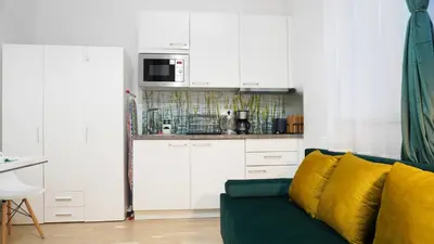 a living room with a couch and a kitchen at Quiet cozy apartment in the center in Prague