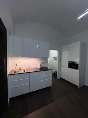 a kitchen with white cabinets and a sink at Saint Petr in Prague