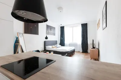 a living room with a kitchen and a living room with a couch at Prague Days - Art Deco Studio near Main Train Station in Prague