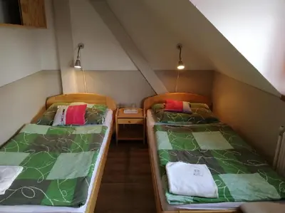 two beds in a small room with a attic at Hotel Kormoran in Zlenice