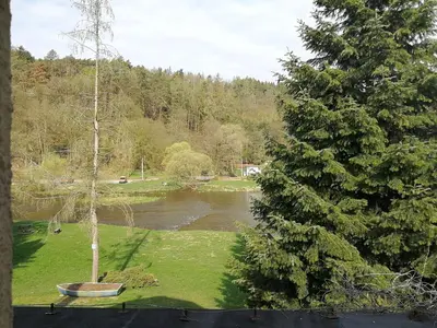 a view of a river in a park with trees at Hotel Kormoran in Zlenice