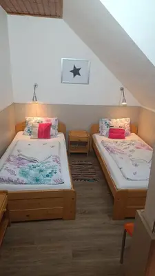 two beds in a room with a attic at Hotel Kormoran in Zlenice
