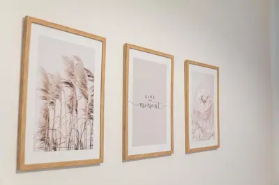 three framed pictures hanging on a white wall at Unique apartment by Wenceslas square in Prague