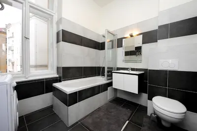 a black and white bathroom with a toilet and a sink at Historic Centre Apartments V in Prague