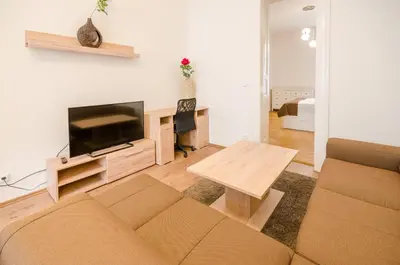 a living room with a couch and a television at Historic Centre Apartments V in Prague