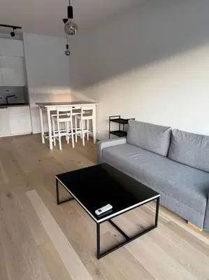 a living room with a couch and a table at Apartmán v nové rezidenci in Prague
